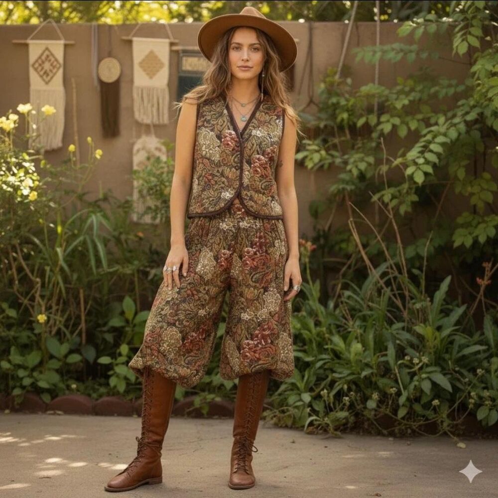 VTG 70s Quilted Vest And Wide Leg Pants Set 10/12 Boho Grunge Festival Artsy